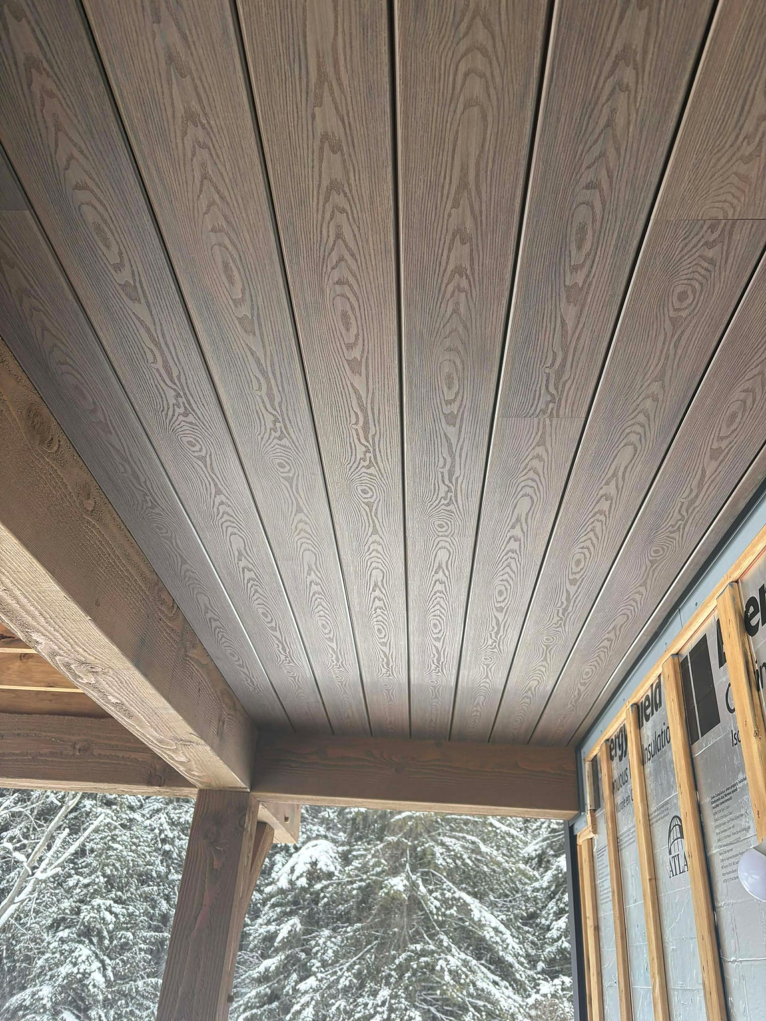 Walnut SoffiWood porch ceiling on a new build in Erin, Ontario
